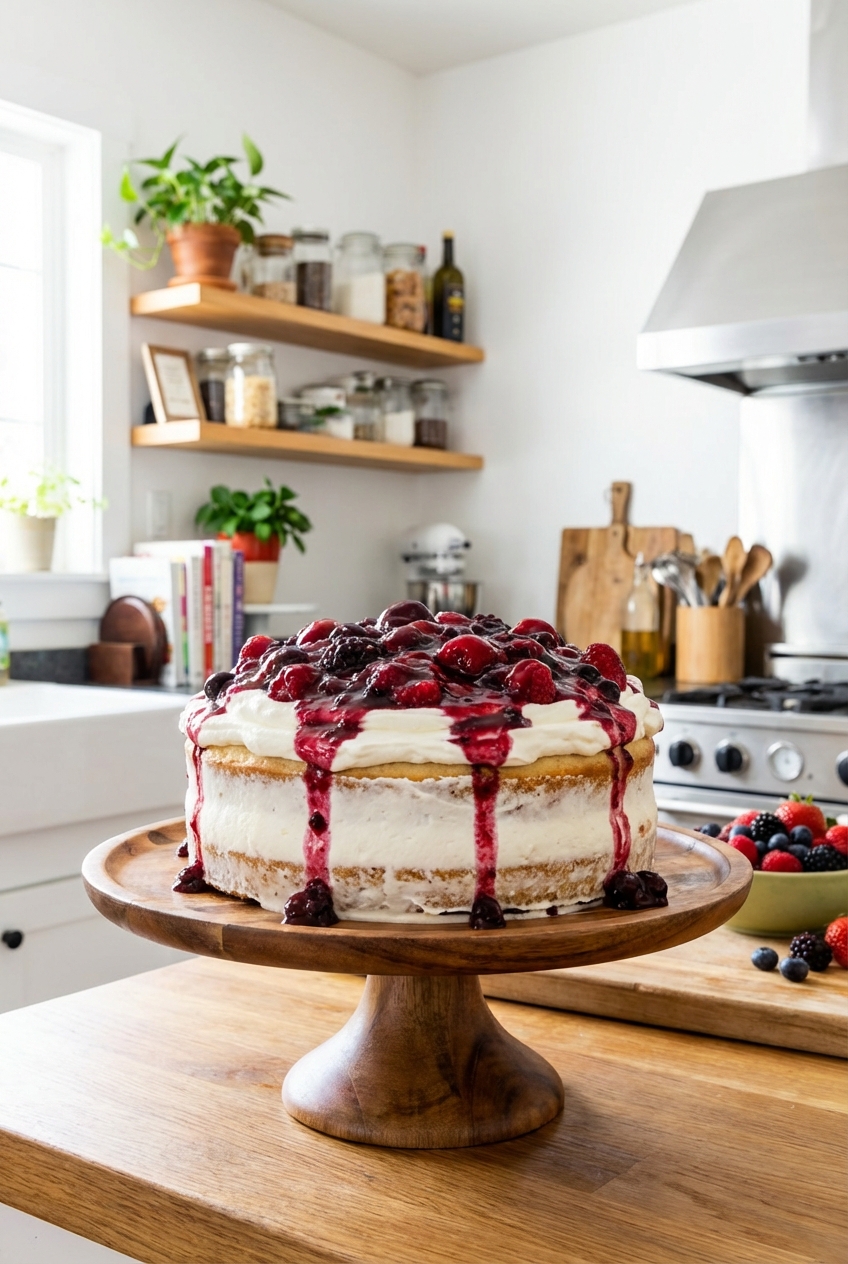 A real vanilla layer cake with white whipped frosting and a glossy berry topping on a wooden cake stand in a bright kitchen