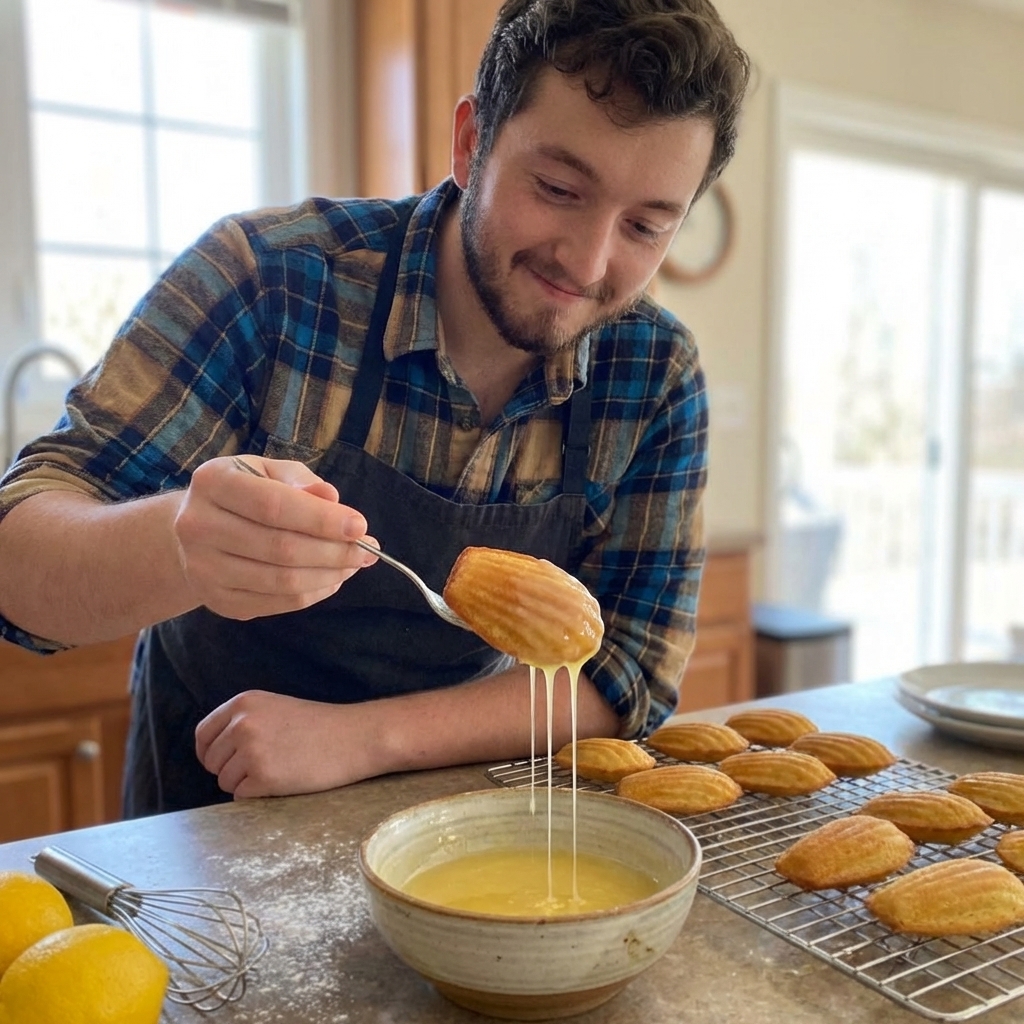 A realistic photo of freshly baked madeleines on a wire rack being dipped into a bowl of lemon glaze, with glaze dripping in thin ribbons