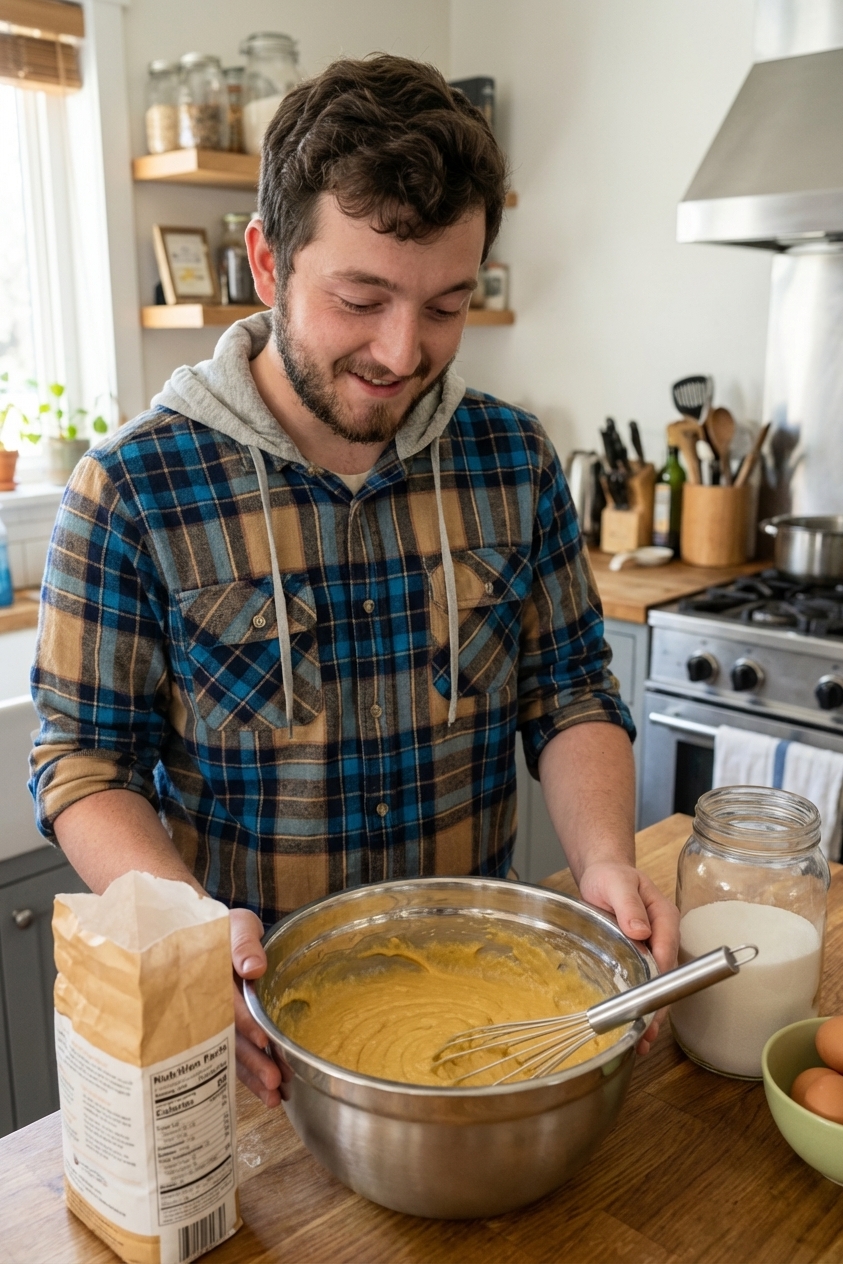A realistic photo of madeleine batter in a metal mixing bowl with a whisk resting on the rim, with flour and sugar nearby on a home kitchen counter
