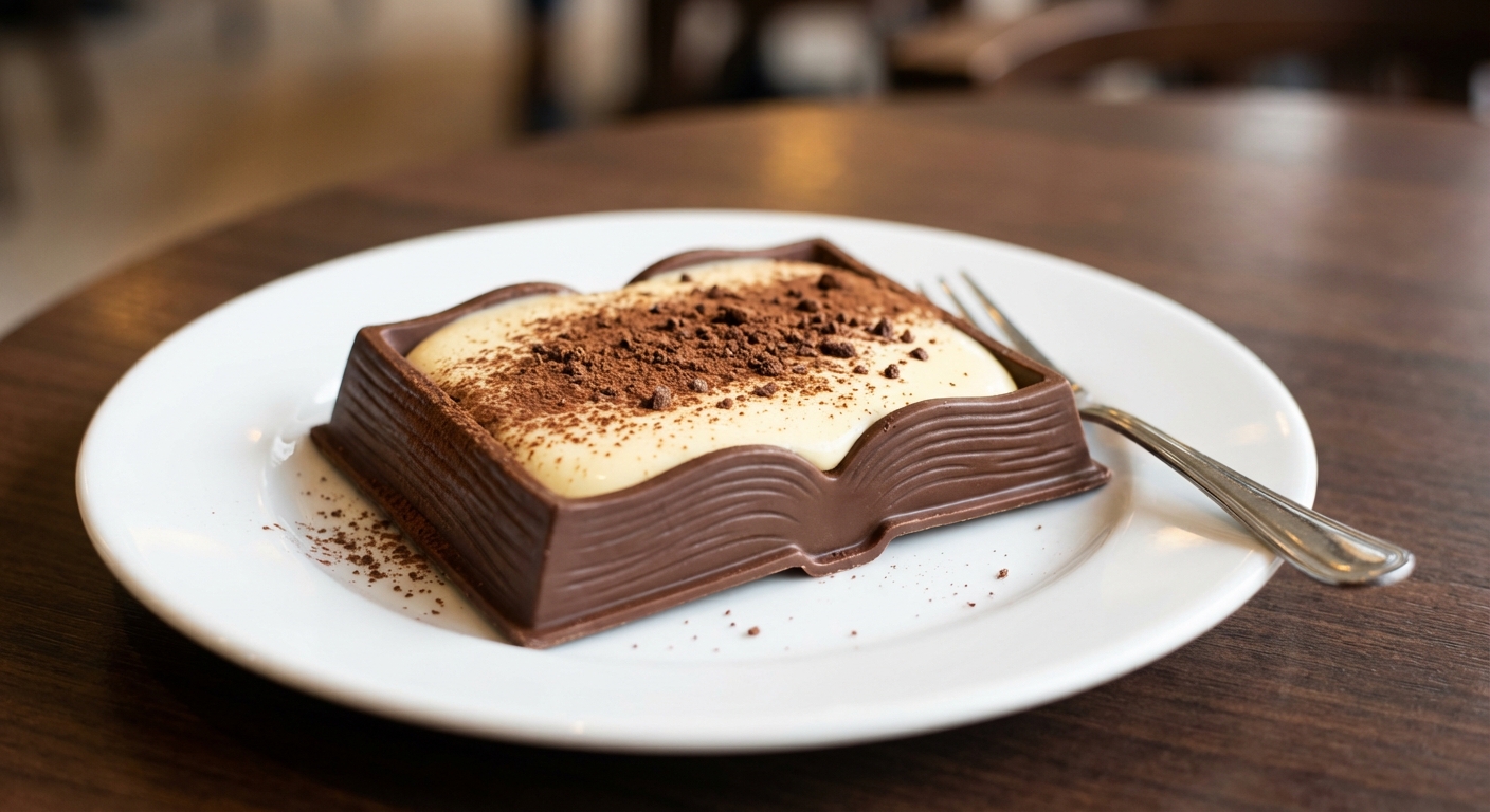 A realistic photograph of a chocolate shell shaped like an open book on a plate, filled with silky vanilla pudding and topped with a sprinkle of cocoa crumbs