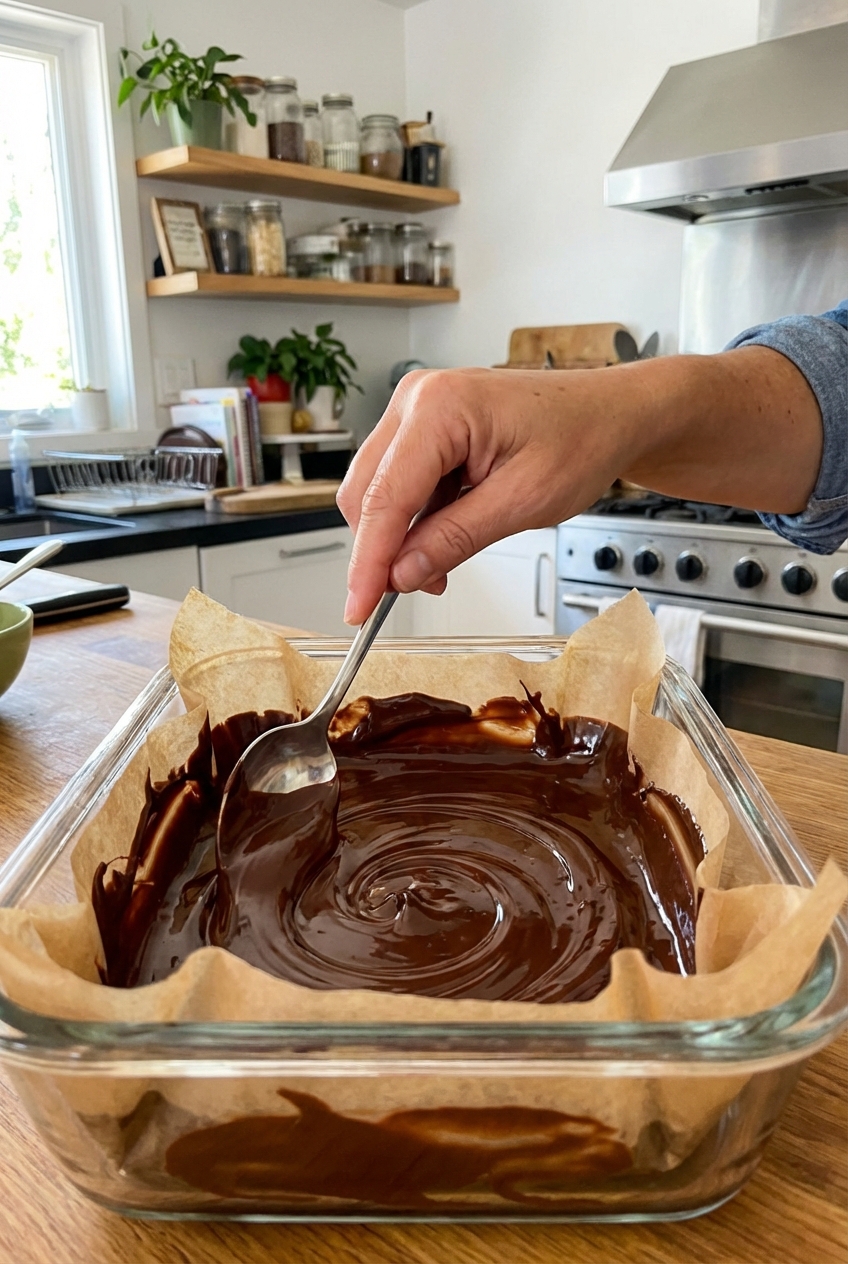 A realistic photograph of a hand swirling melted chocolate inside a parchment-lined rectangular container to form a shell
