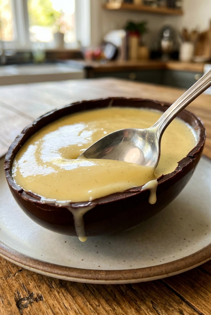 A realistic photograph of a spoon dipping into a glossy vanilla pudding inside a chocolate shell, showing the smooth texture