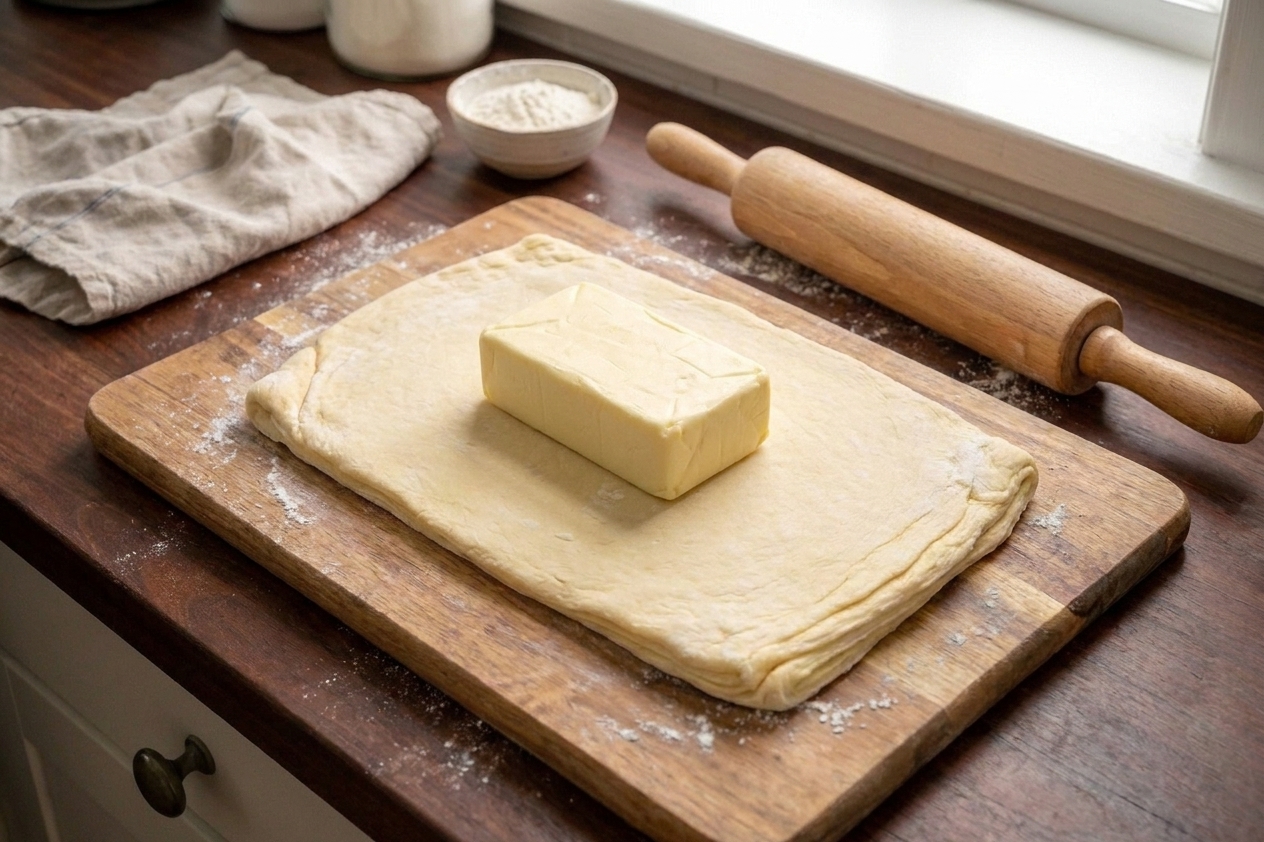 A rectangle of dough with a cold butter block placed in the center on a lightly floured wooden board