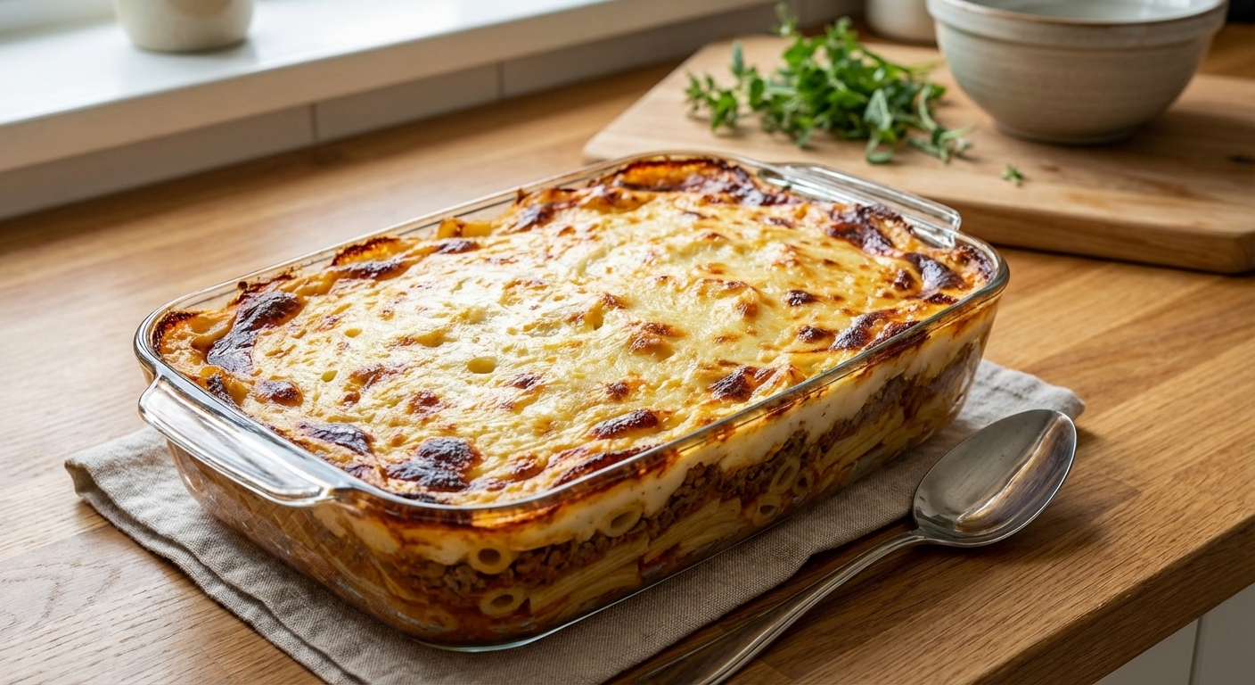A rectangular baking dish of Greek pastitsio resting on a kitchen counter after baking, with a golden béchamel top and slightly browned edges, realistic food photography