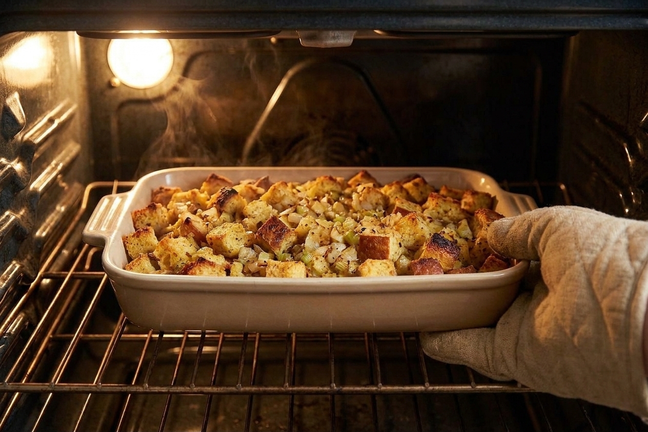 A rectangular baking dish of bread dressing in the oven, the top turning golden brown