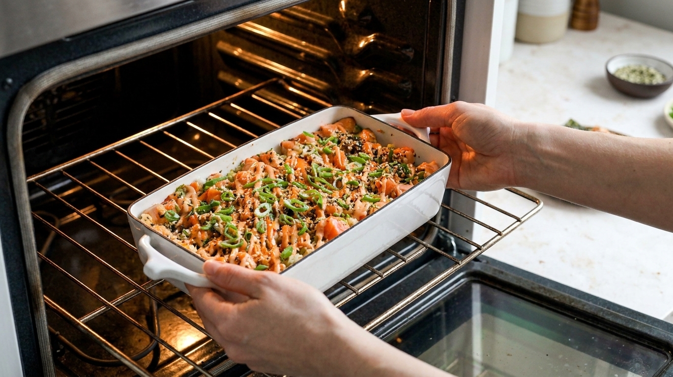 A rectangular baking dish of salmon sushi bake being placed into an oven on the middle rack with warm kitchen lighting