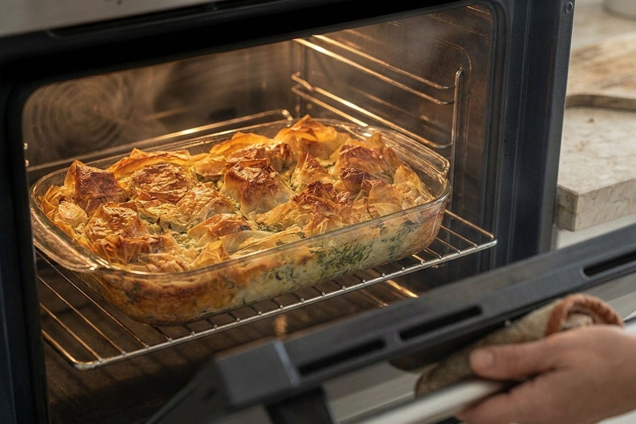 A rectangular baking dish of spinach and feta filo pie baking in the oven with the top turning golden brown
