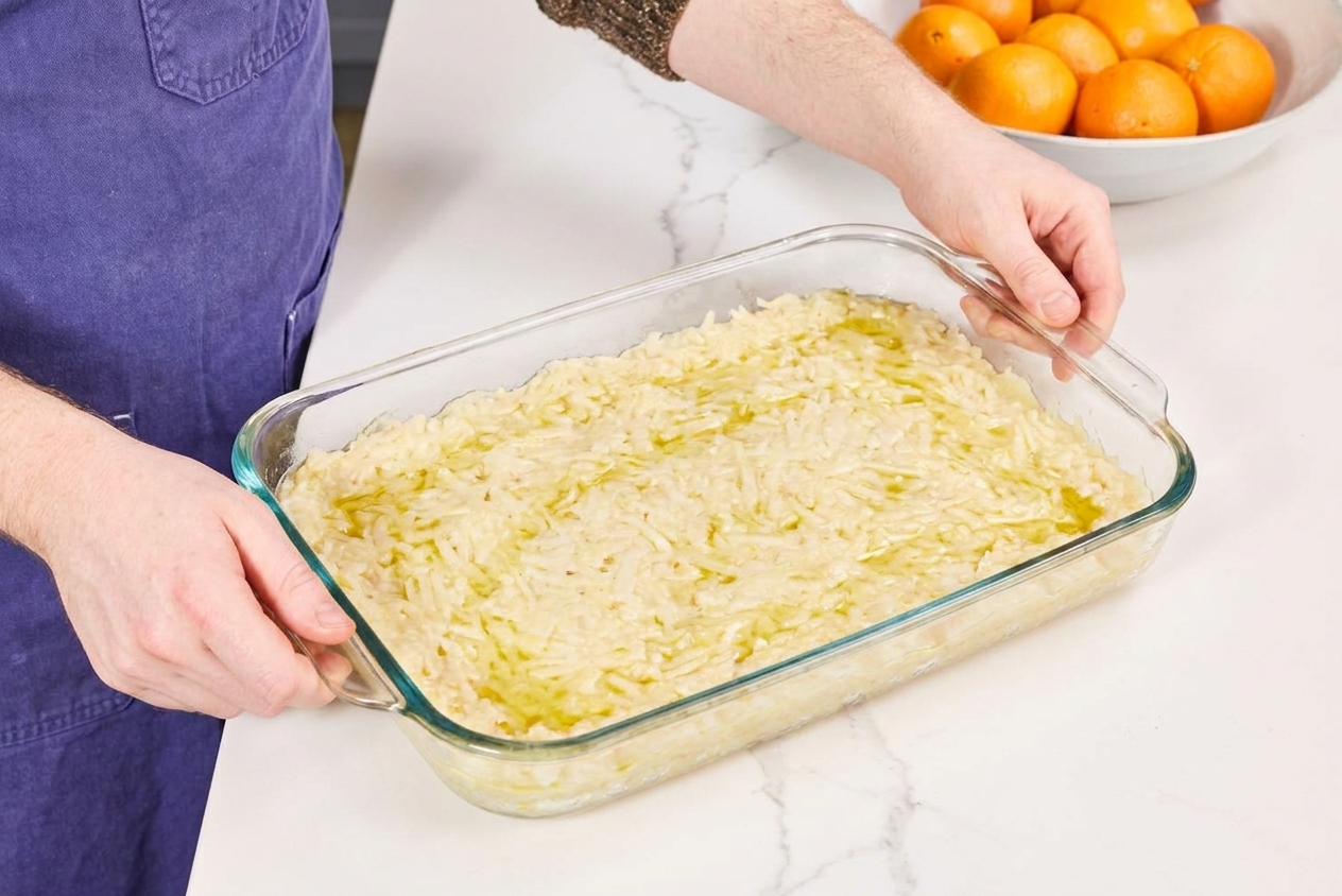 A rectangular baking dish with hot oil and an even layer of potato kugel mixture spread flat, ready to bake on a kitchen counter