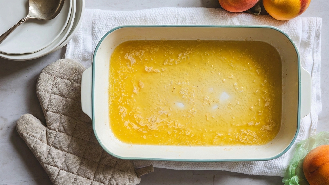 A rectangular baking dish with melted butter pooled and shimmering on the bottom, sitting on a kitchen counter next to an oven mitt