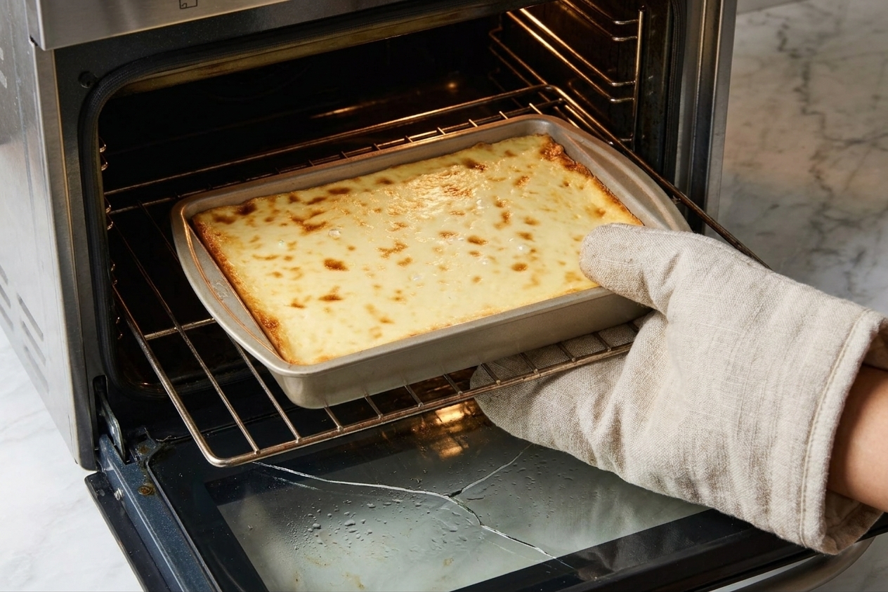A rectangular baking pan of cassava cake baking in the oven, with the edges turning pale gold and the center beginning to set