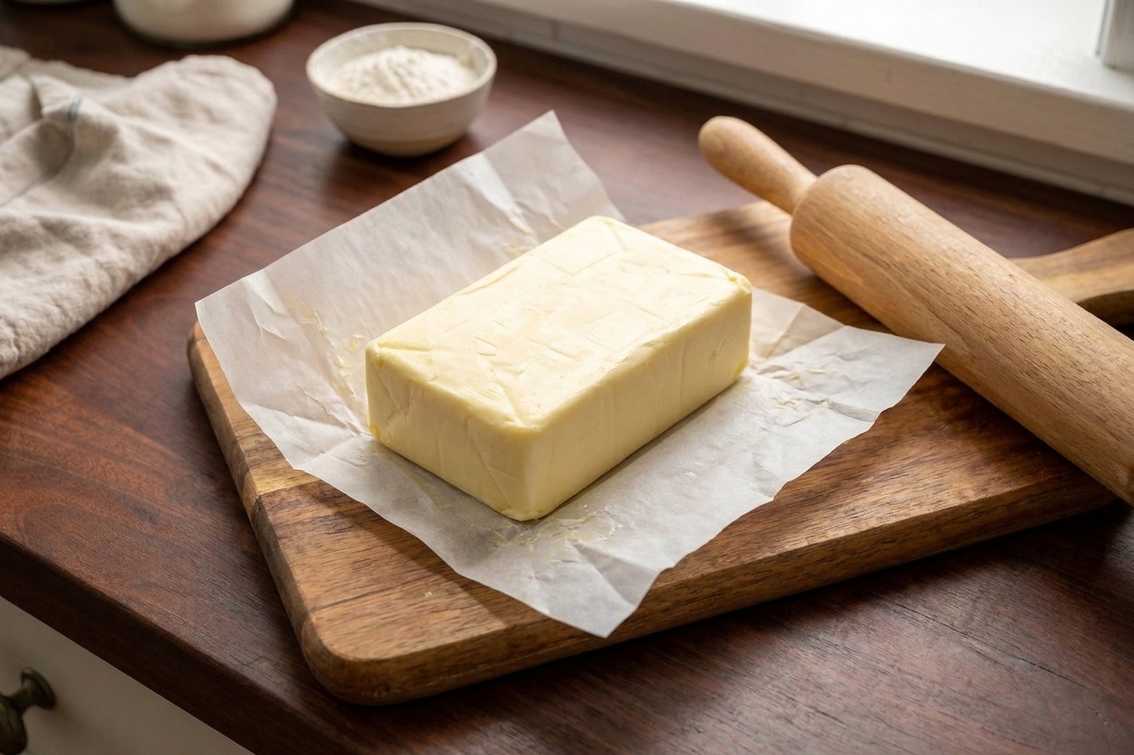 A rectangular butter block between sheets of parchment paper on a wooden cutting board