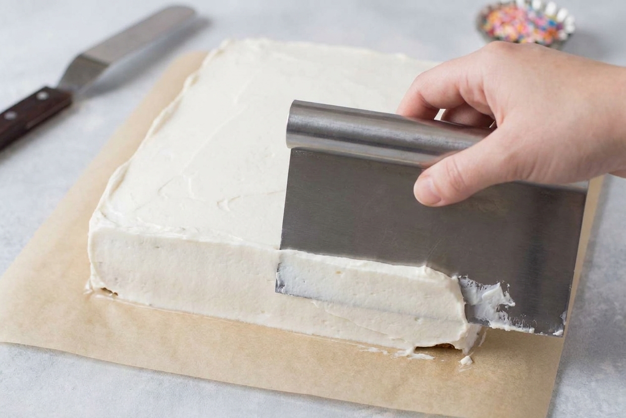 A rectangular cake being smoothed with a bench scraper, creating sharp buttercream sides on a parchment-lined counter