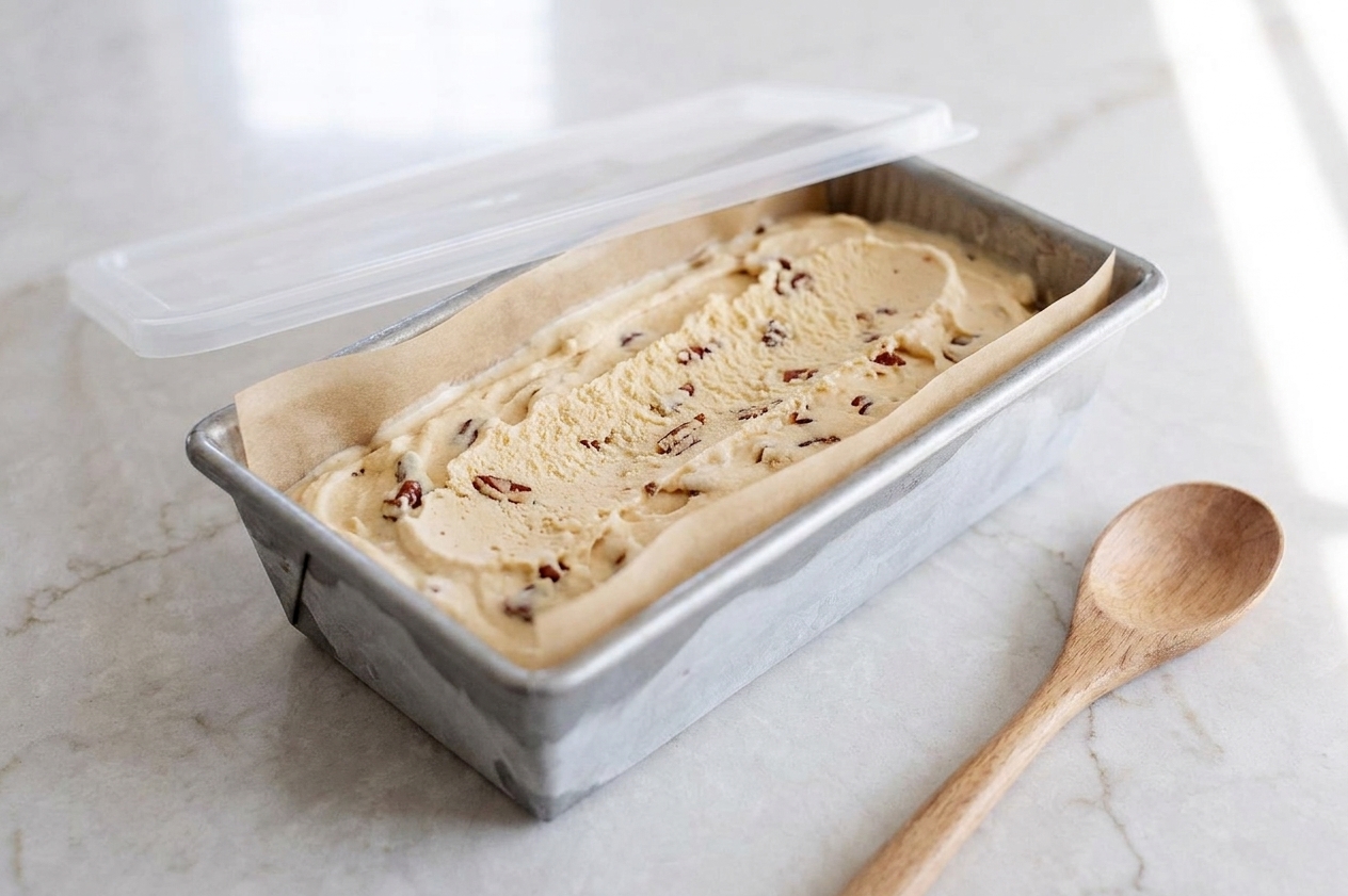 A rectangular freezer container filled with homemade ice cream, covered with parchment paper under the lid, sitting on a kitchen counter