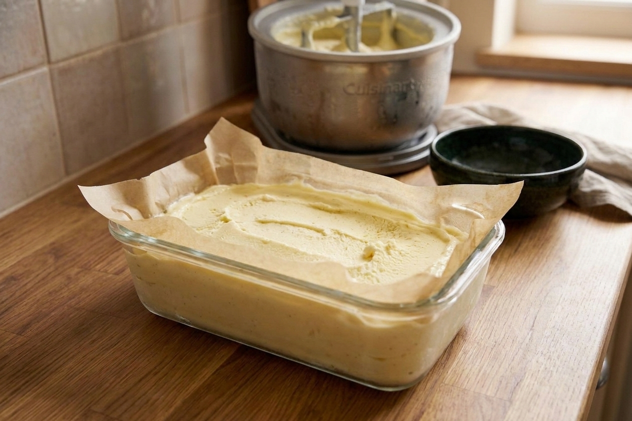 A rectangular freezer container filled with vanilla ice cream with parchment pressed on top