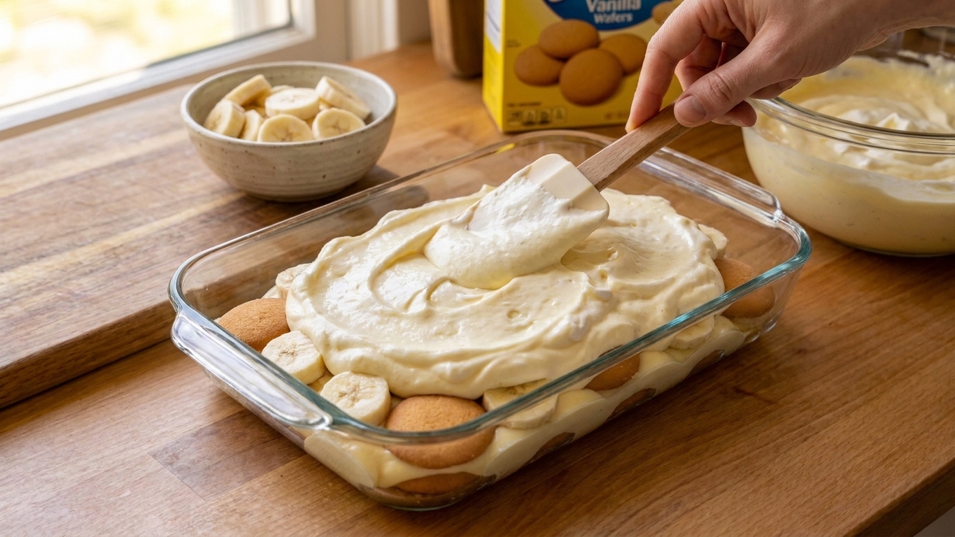 A rectangular glass baking dish mid-assembly with visible layers of vanilla wafers, sliced bananas, and creamy pudding on a bright kitchen counter