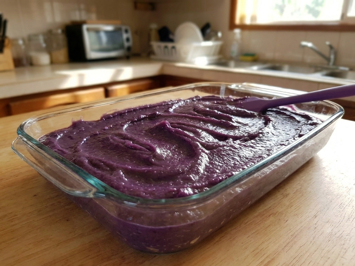 A rectangular glass dish filled with smooth ube halaya, the surface glossy and swirled from a spatula, on a bright kitchen counter