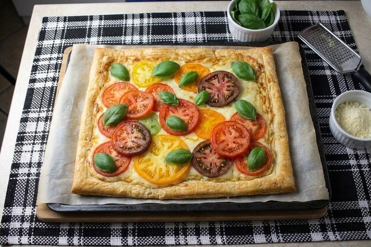 A rectangular puff pastry tomato tart topped with overlapping heirloom tomato slices, melted cheese, and fresh basil on a parchment-lined baking sheet on a bright kitchen counter