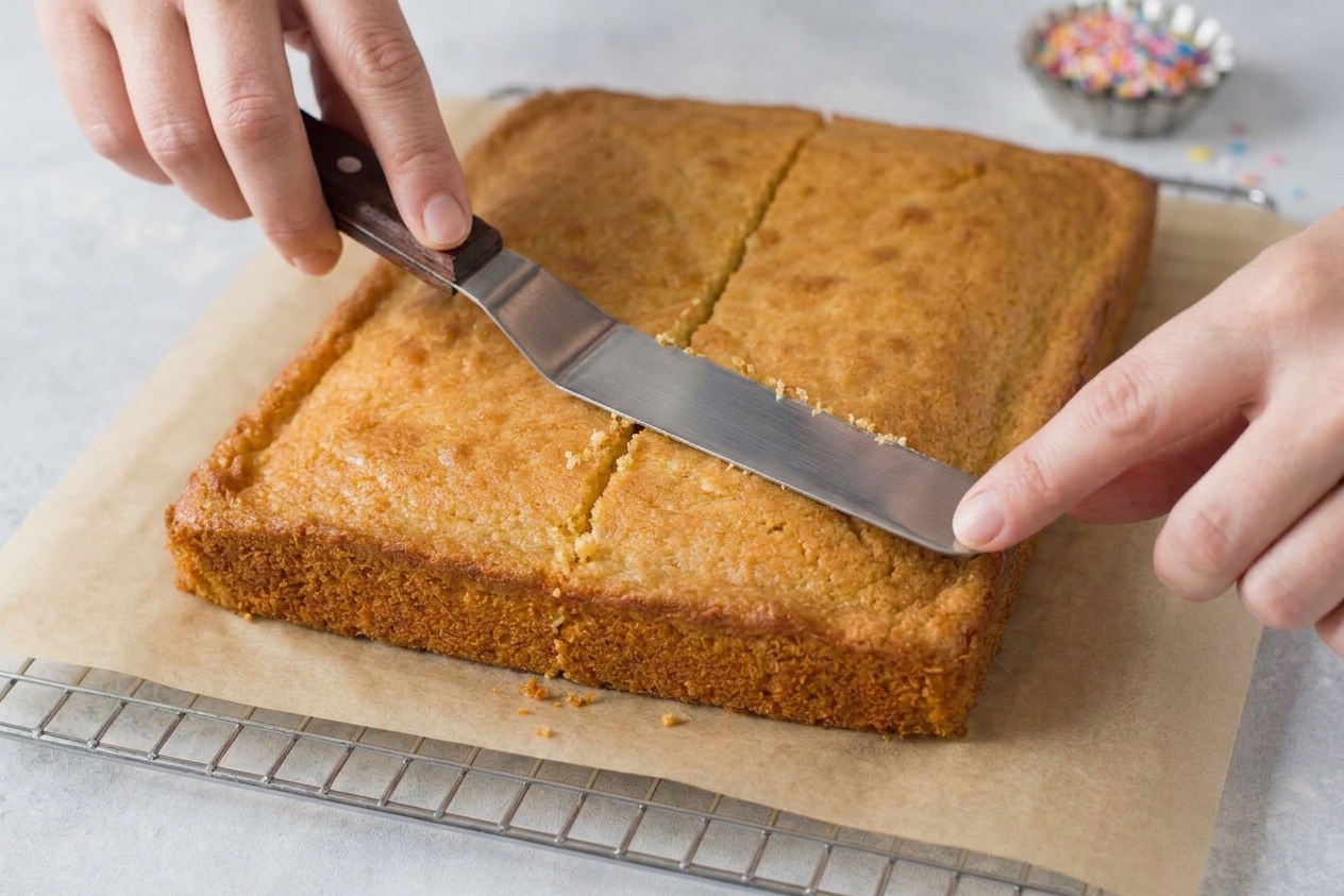 A rectangular sheet cake with a shallow groove carved down the center to create the open book fold