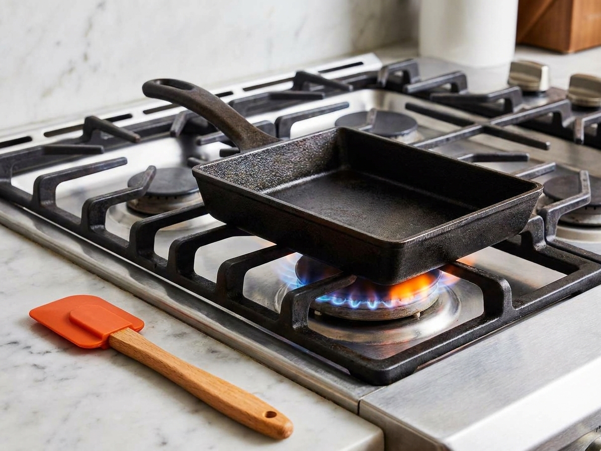 A rectangular tamagoyaki pan heating on a stovetop burner with a small silicone spatula resting nearby