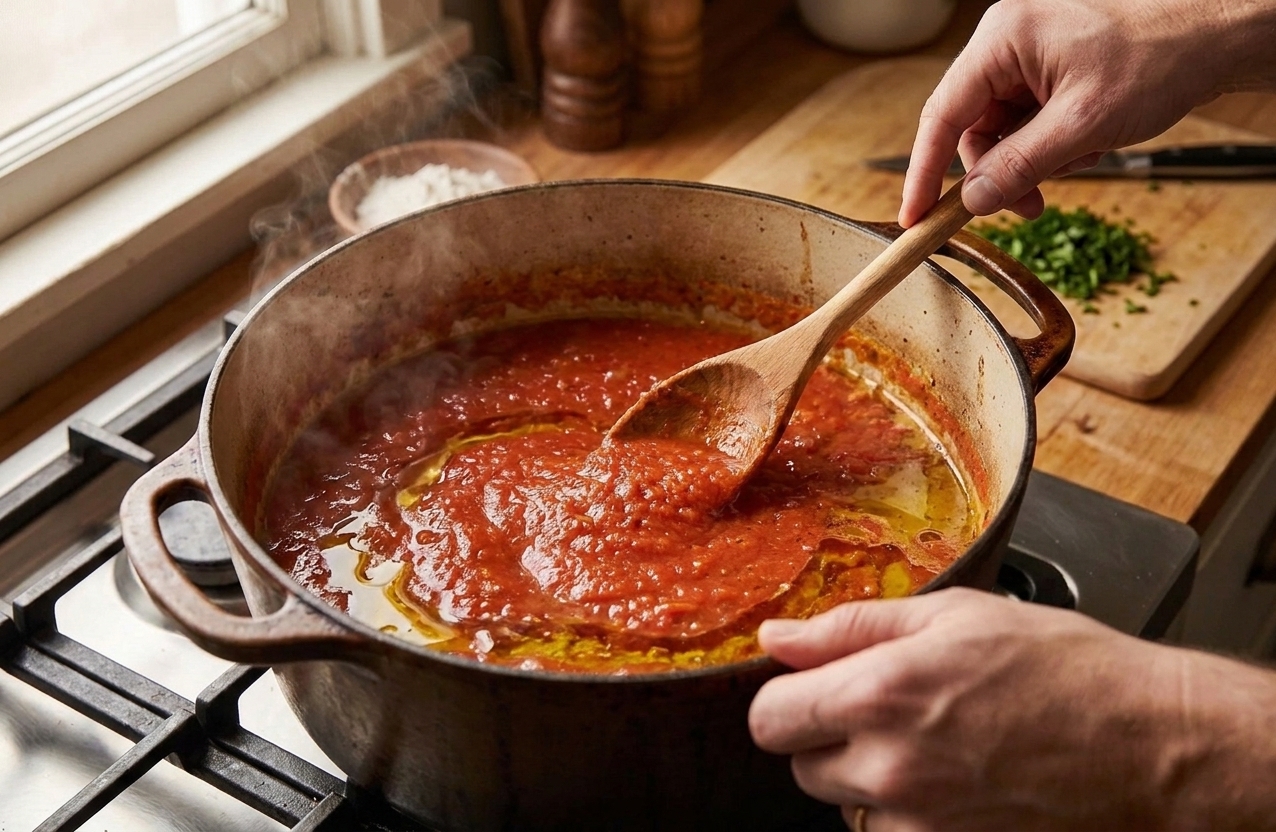 A red pepper and tomato base bubbling in a pot with oil pooling at the edges, being stirred with a wooden spoon