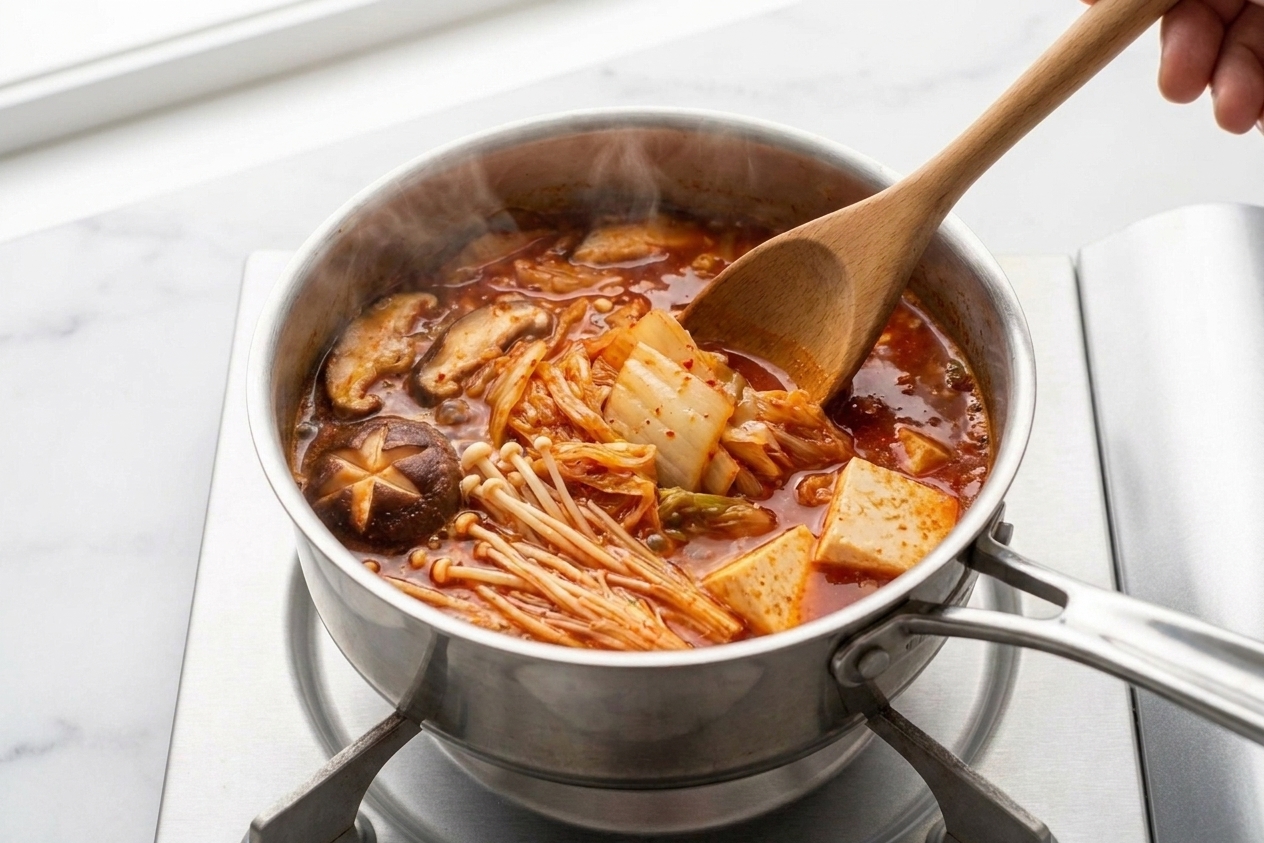 A red-tinted broth simmering in a saucepan with mushrooms and kimchi visible at the surface