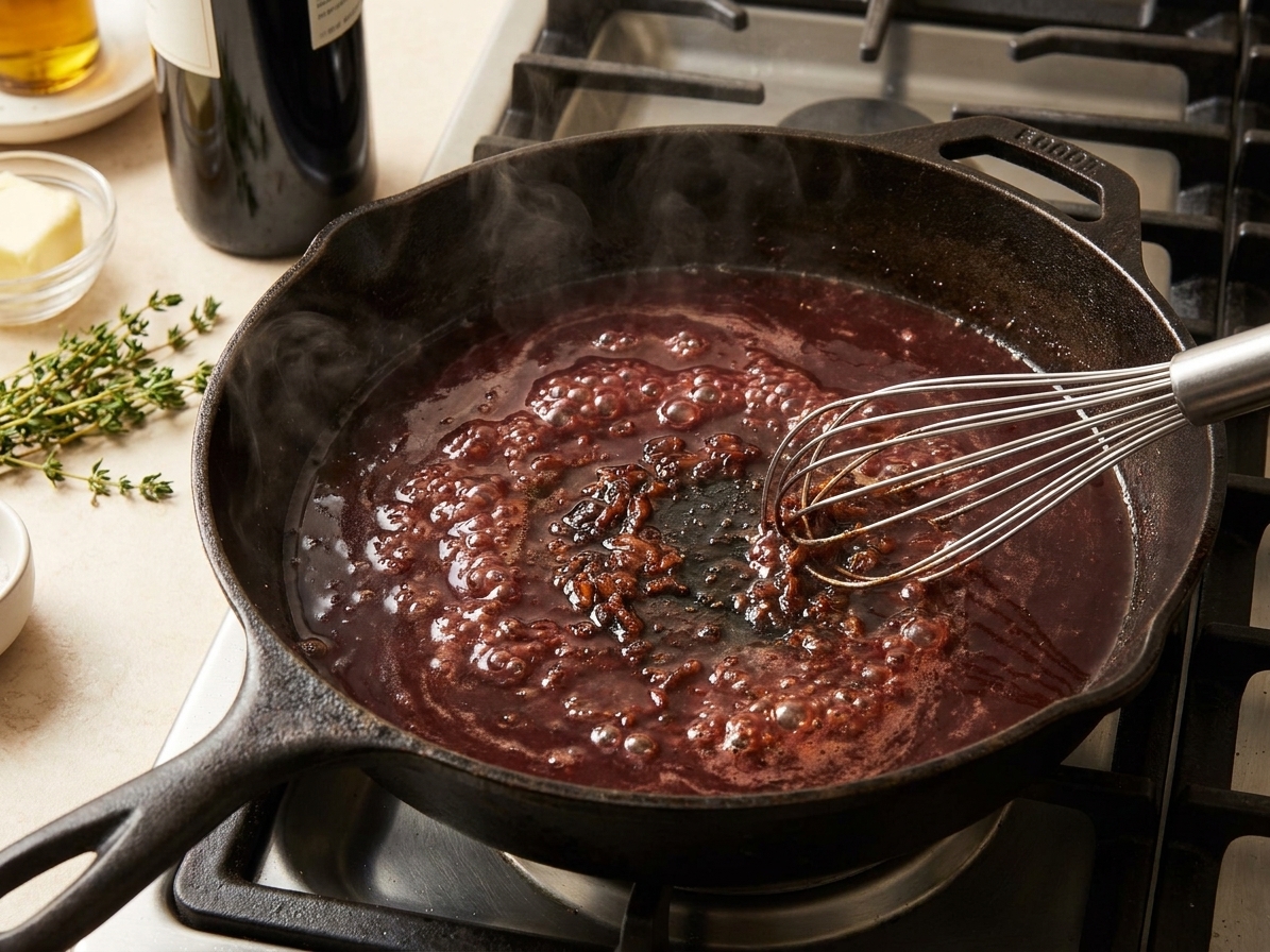 A red wine pan sauce simmering in a skillet as the browned bits dissolve into the sauce.