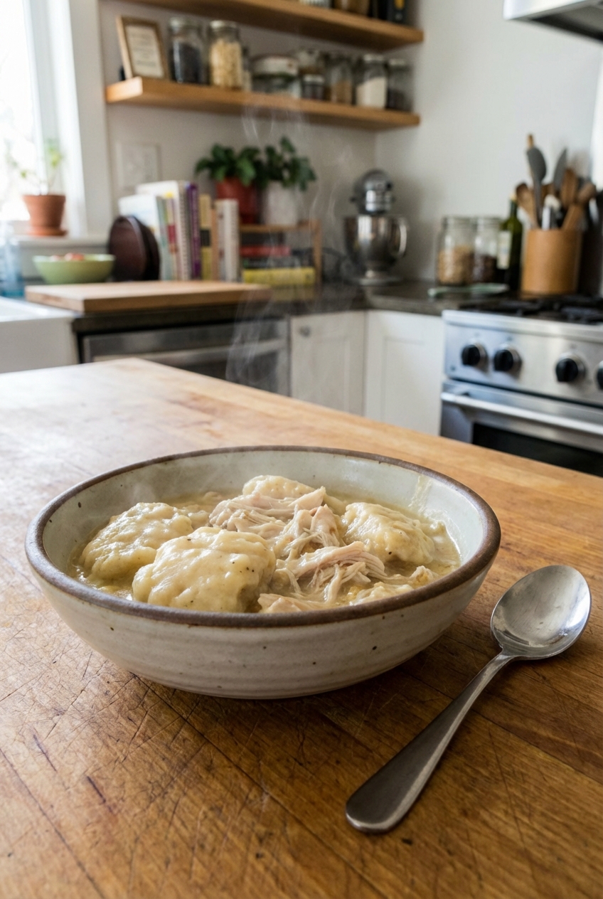 A reheated bowl of chicken and dumplings with a spoon resting on the side, photographed on a kitchen counter