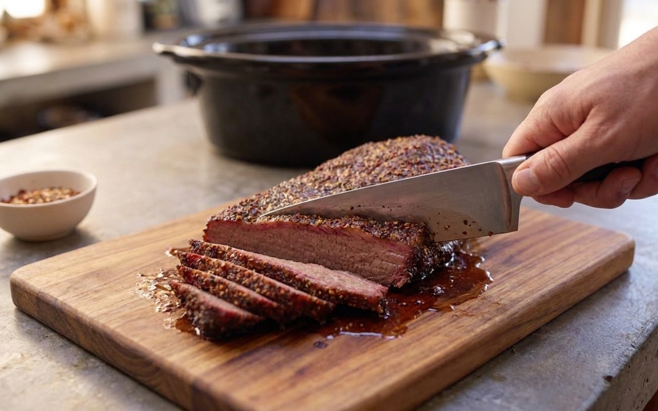 A rested brisket being sliced against the grain on a cutting board, with a chef’s knife and juices pooling slightly