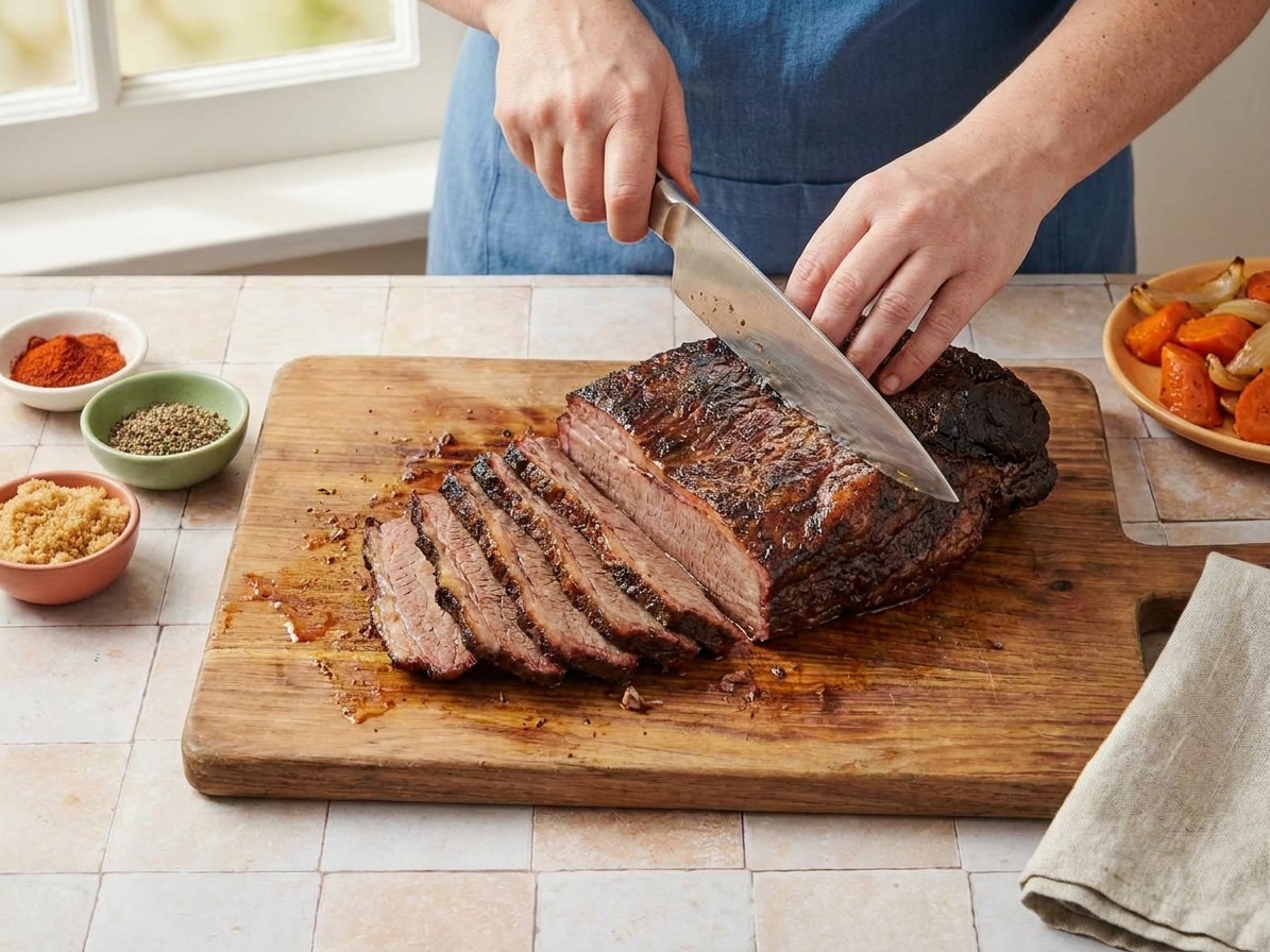 A rested brisket being sliced against the grain on a cutting board with a sharp chef's knife