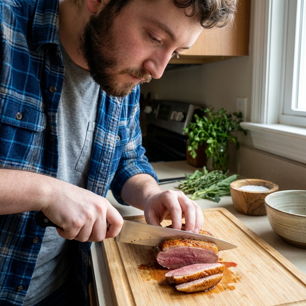 A rested duck breast being sliced on a cutting board, showing crisp browned skin and a rosy medium-rare center, real food photography