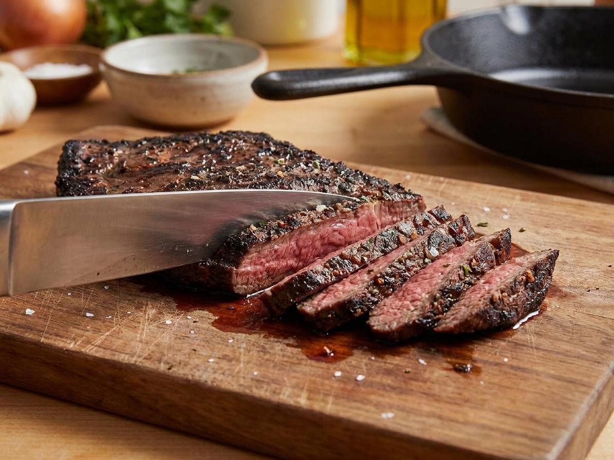 A rested flat iron steak being sliced thinly against the grain on a cutting board with visible juices and a chef's knife
