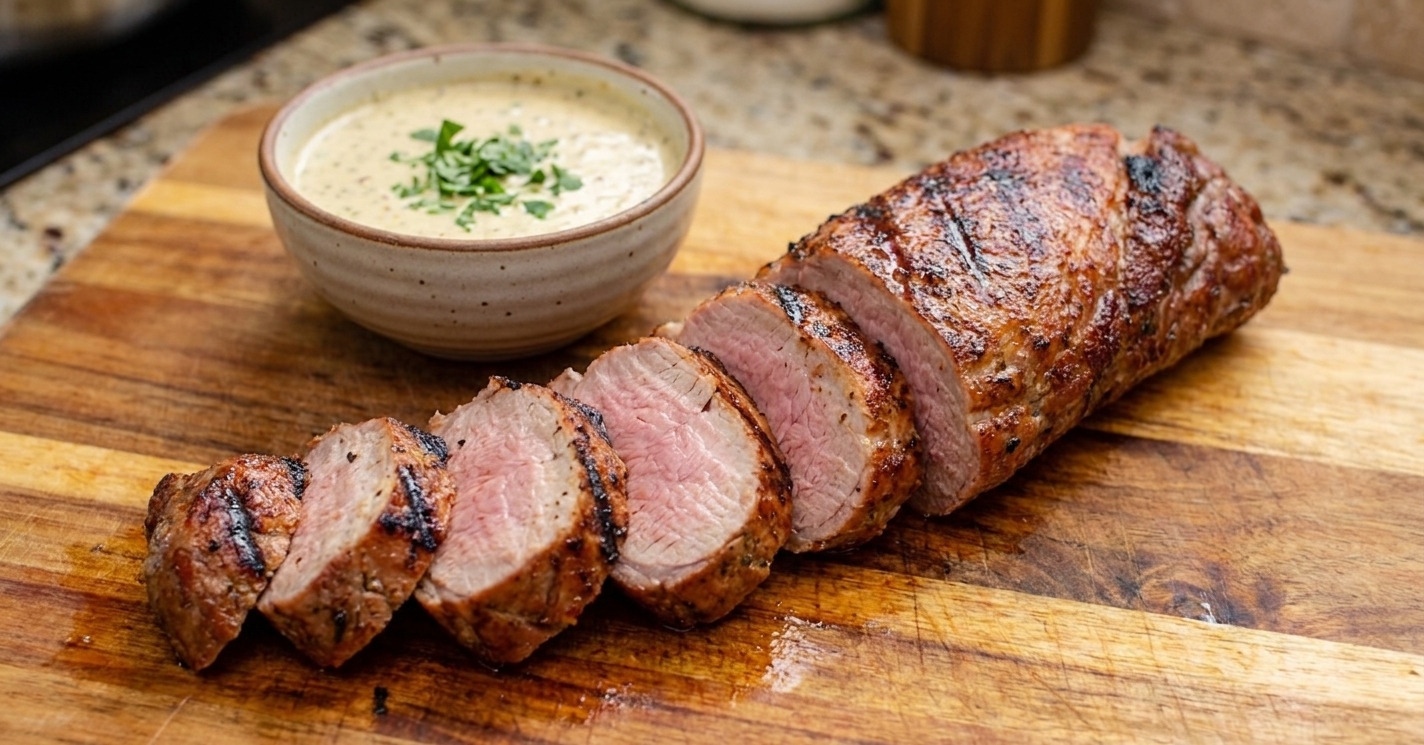 A rested grilled pork tenderloin sliced into medallions on a wooden cutting board with a small bowl of mustard herb sauce beside it