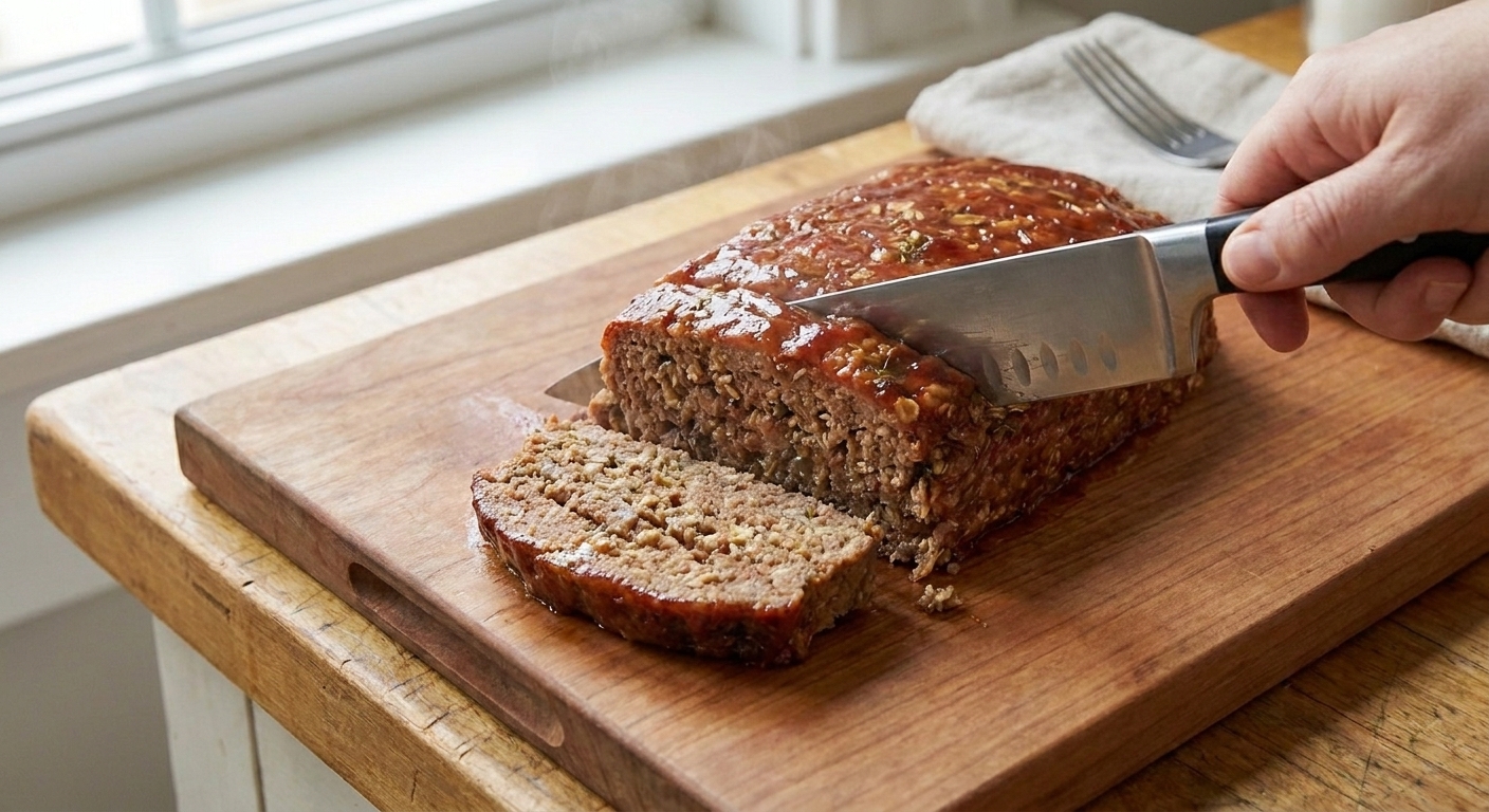 A rested meatloaf being sliced on a wooden cutting board with a chef's knife, showing a moist interior and caramelized glaze