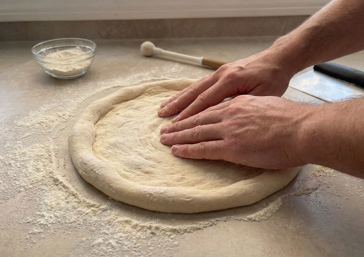 A rested pizza dough round being stretched on a floured countertop, with a thicker rim left for the crust