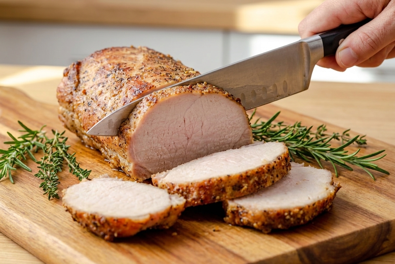A rested pork loin being sliced into thick rounds on a wooden cutting board with a chef's knife