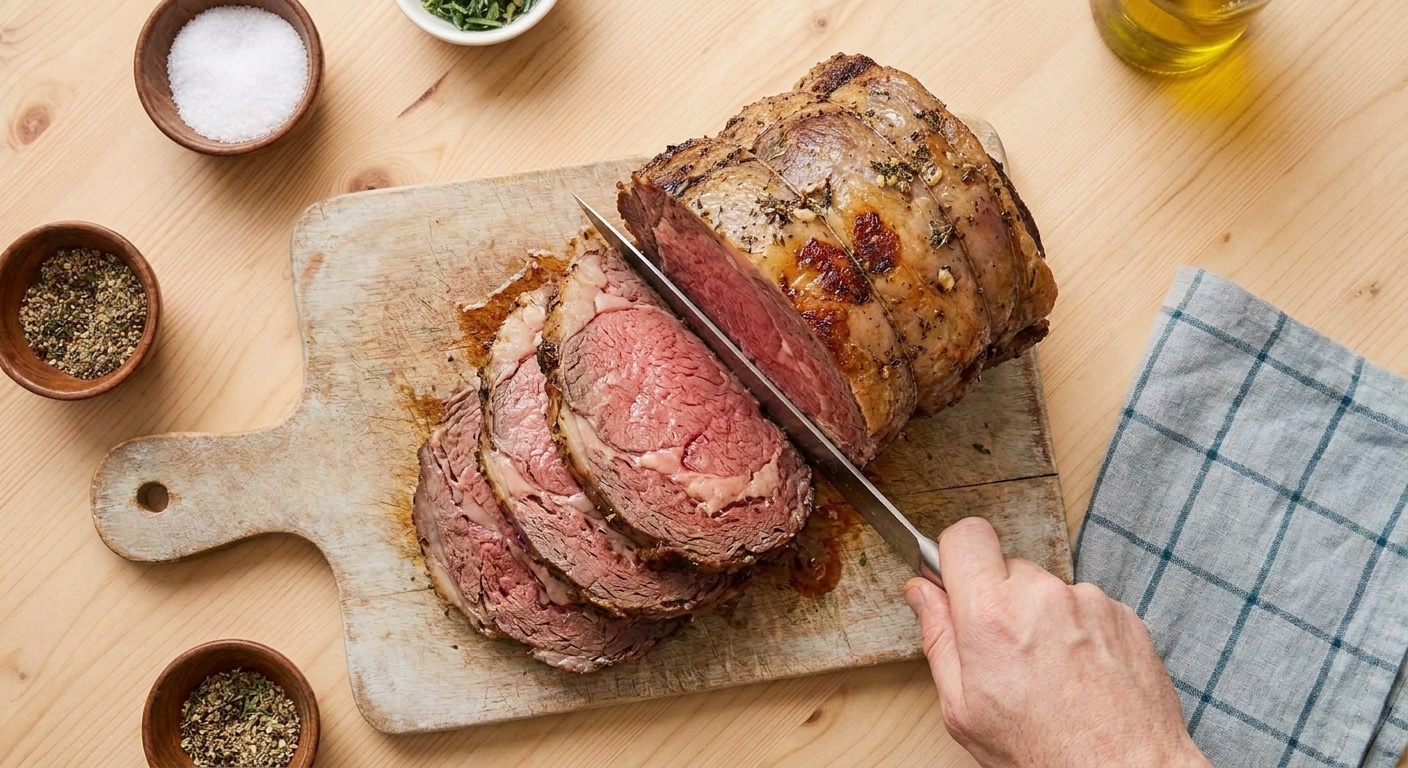 A rested ribeye roast being sliced, showing a browned crust and a rosy medium-rare center