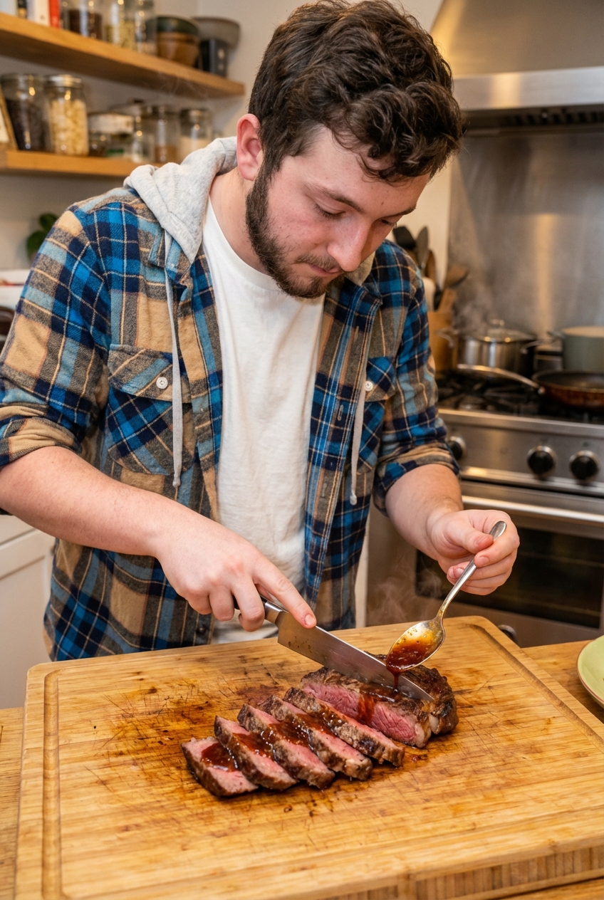 A rested ribeye steak being sliced against the grain on a wooden cutting board, with a glossy sweet and spicy sauce spooned over the slices