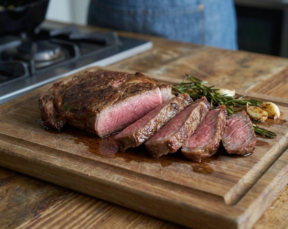 A rested ribeye steak sliced against the grain on a wooden cutting board with minimal juices on the surface