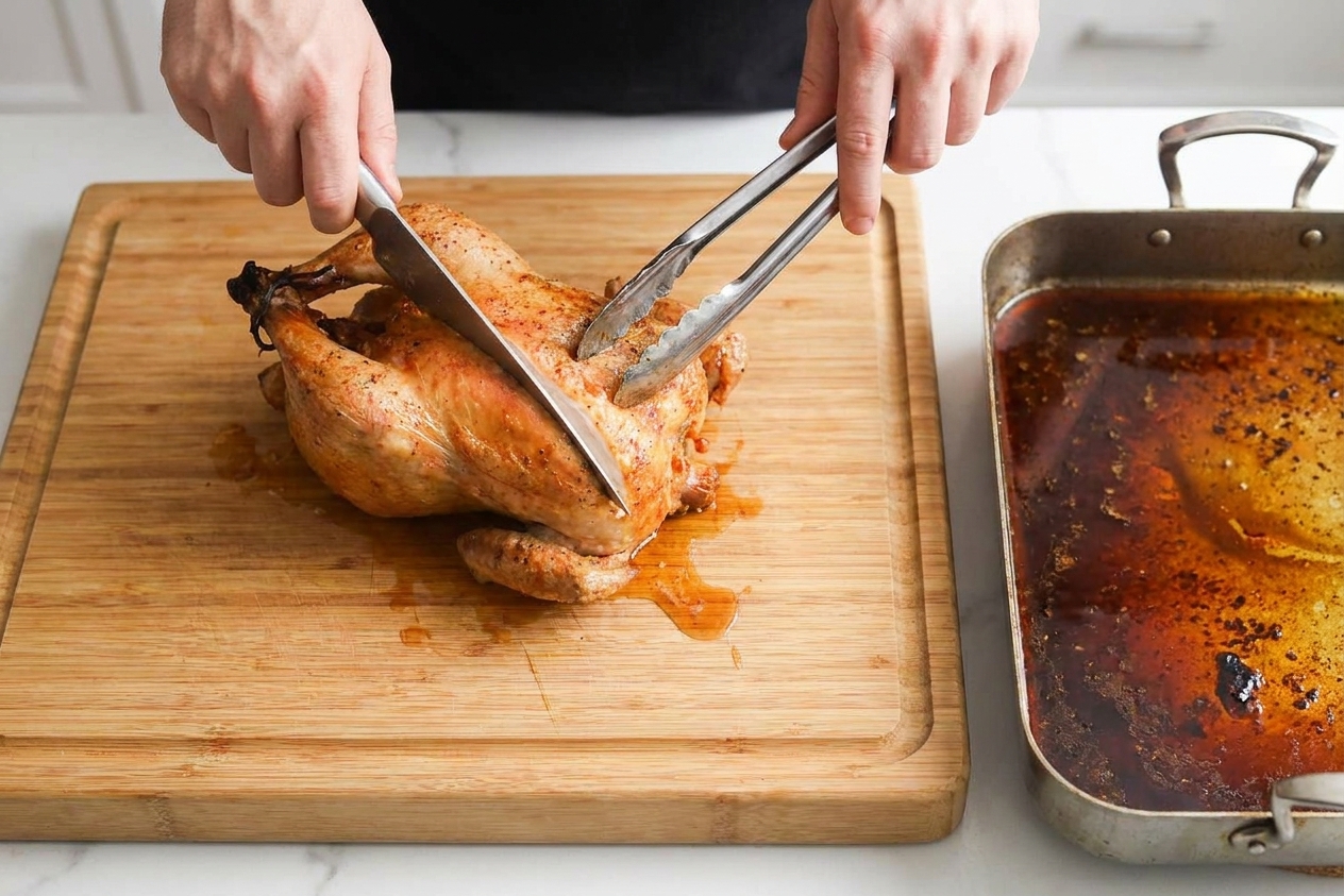 A rested roast chicken being carved on a wooden cutting board with a carving knife and tongs, with pan juices nearby on the counter
