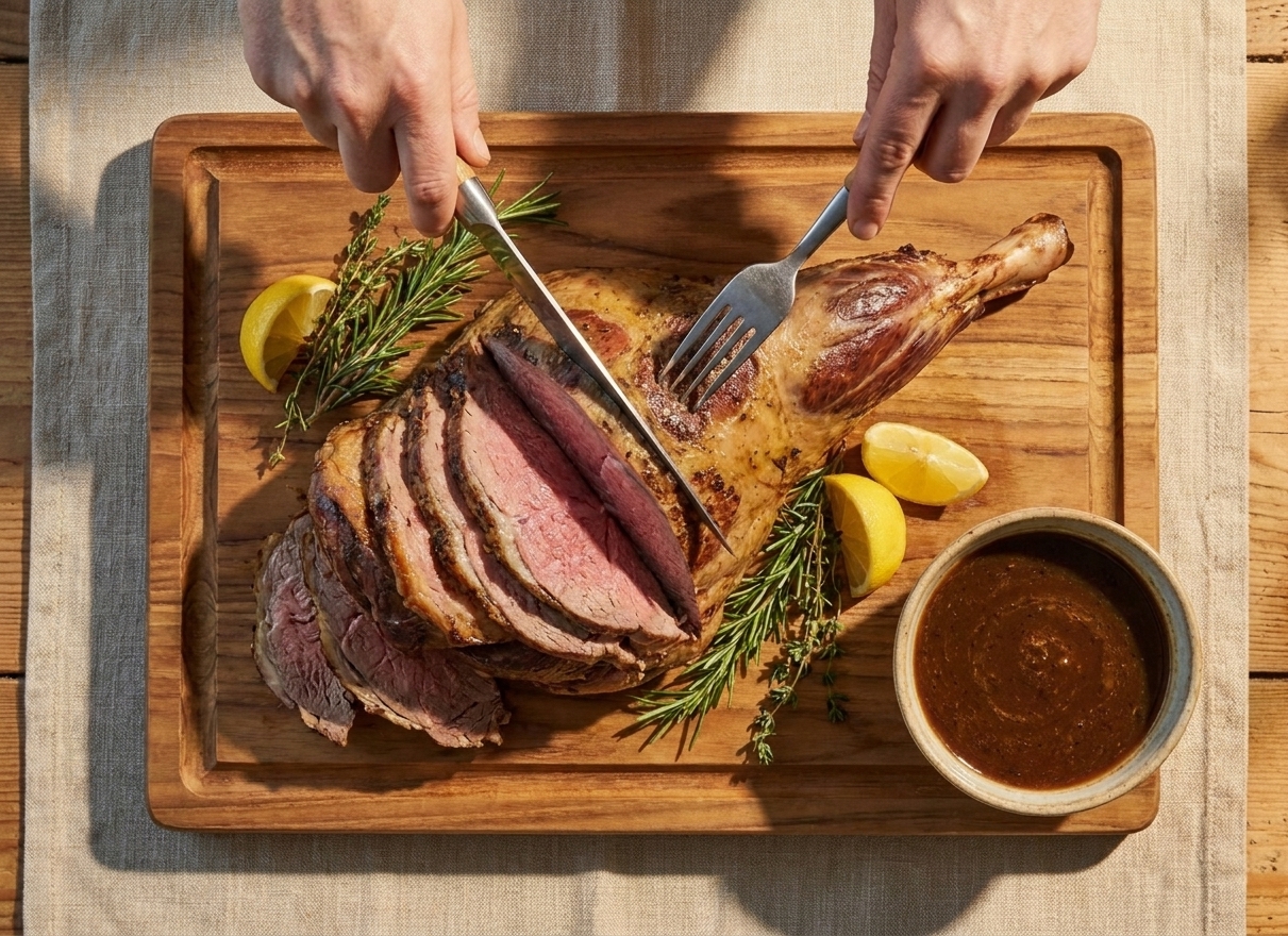 A rested roast leg of lamb being carved on a wooden cutting board with a carving knife, with a small bowl of pan gravy nearby