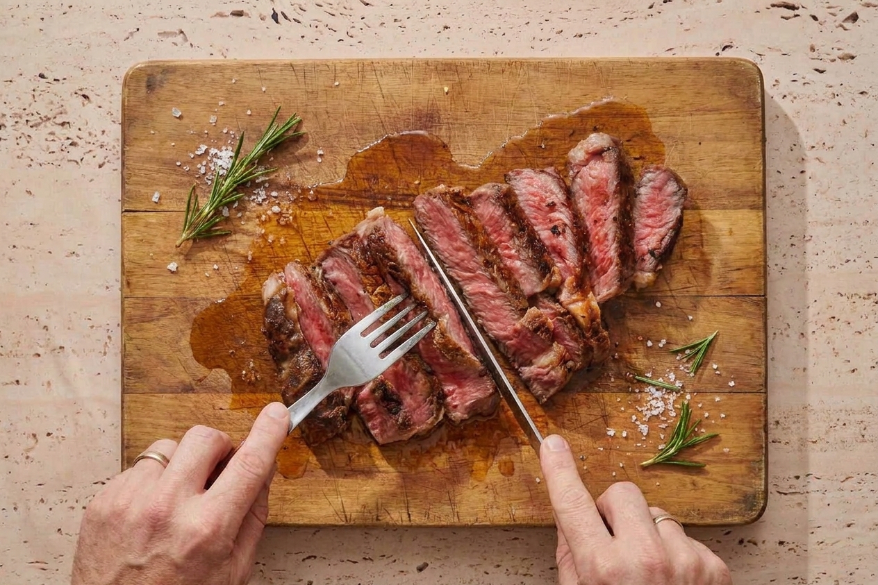 A rested seared steak sliced on a wooden cutting board with visible juices and a browned crust
