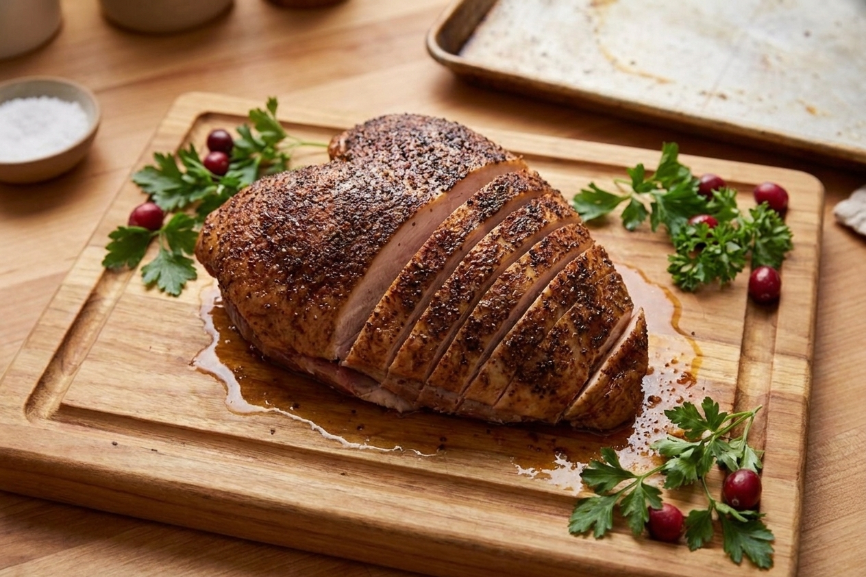 A rested smoked turkey breast sliced on a wooden cutting board with a peppery crust and juices pooling lightly