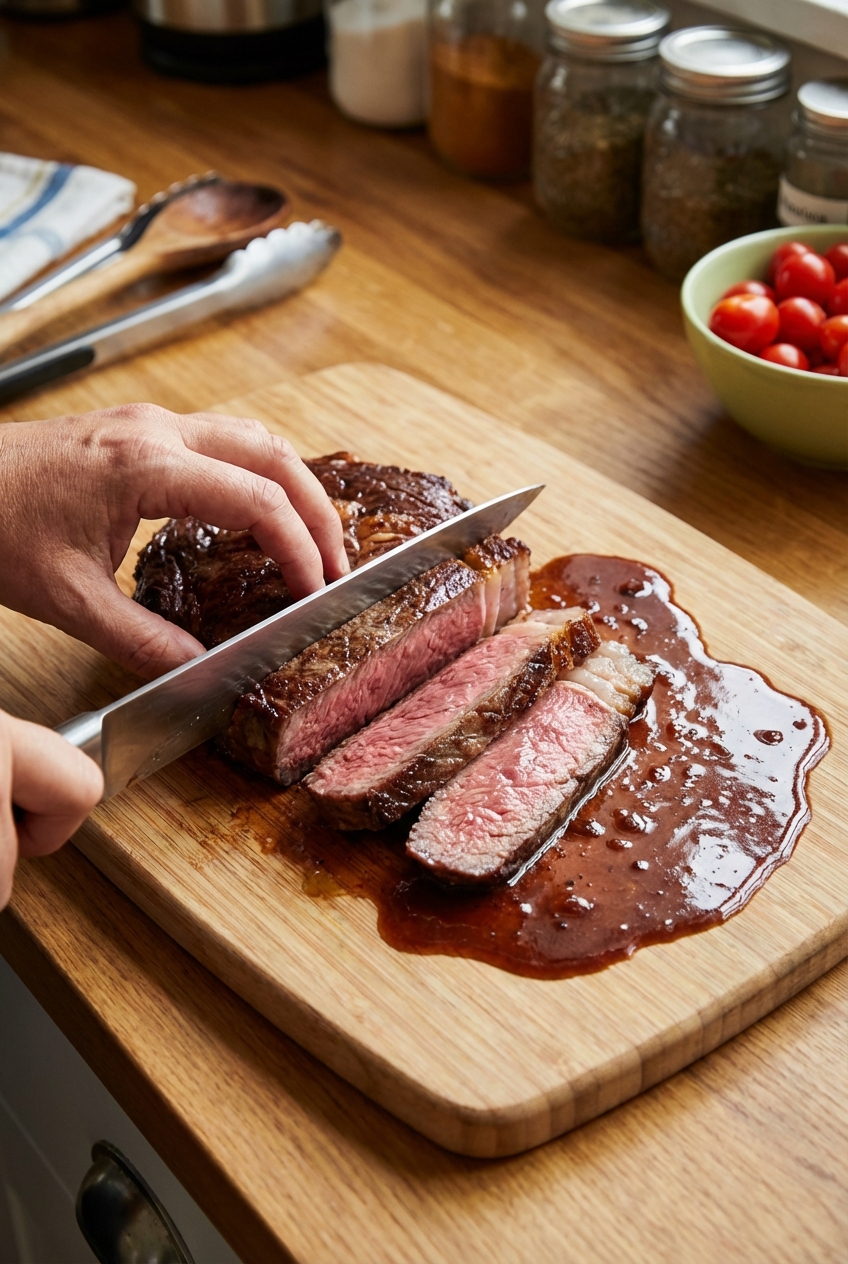 A rested steak being sliced against the grain with a glossy sauce pooled on the cutting board