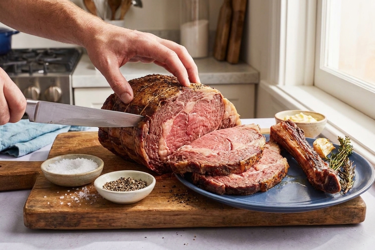A ribeye roast being sliced against the grain on a wooden cutting board, showing a juicy pink center and browned crust