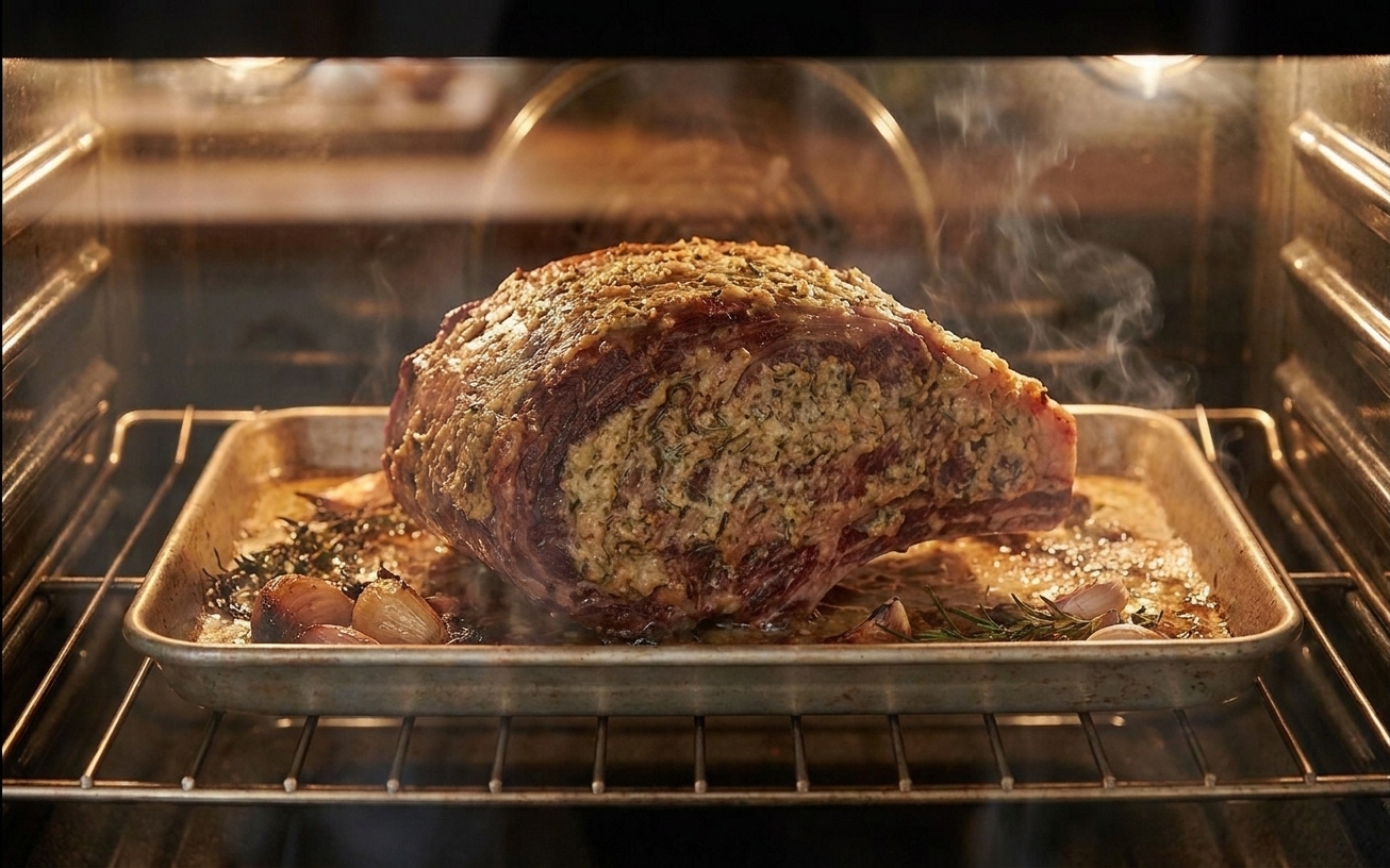 A ribeye roast browning in a roasting pan with a developing garlic herb crust, cooked uncovered for better browning in a warm home kitchen
