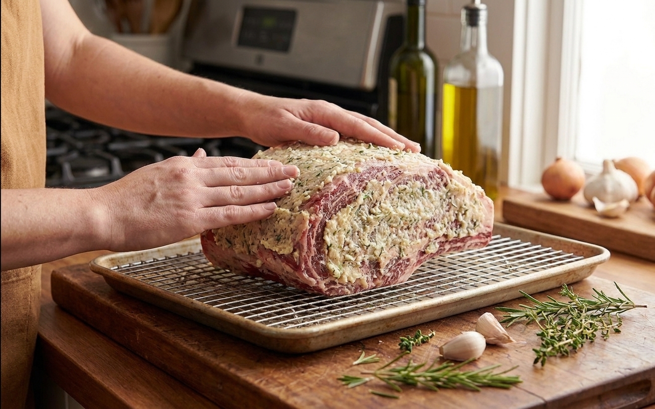 A ribeye roast coated all over with a garlic herb paste, sitting fat-side up on a wire rack set over a rimmed sheet pan in a warm home kitchen