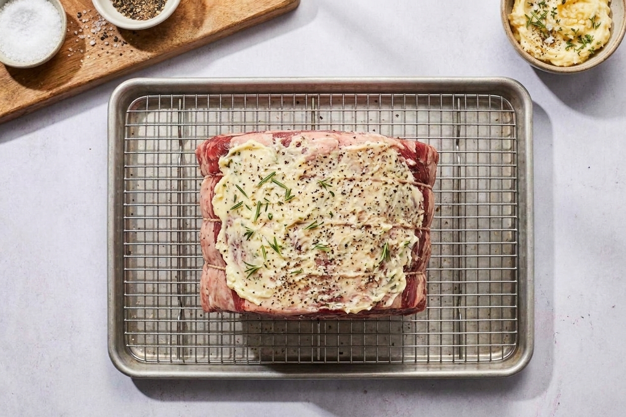 A ribeye roast coated in garlic herb butter and seasoning sitting on a wire rack over a sheet pan, ready for the oven