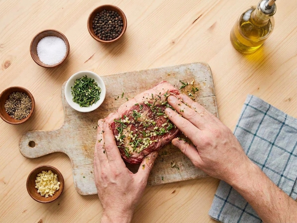 A ribeye roast on a cutting board being rubbed with an herb and garlic seasoning mixture in a home kitchen