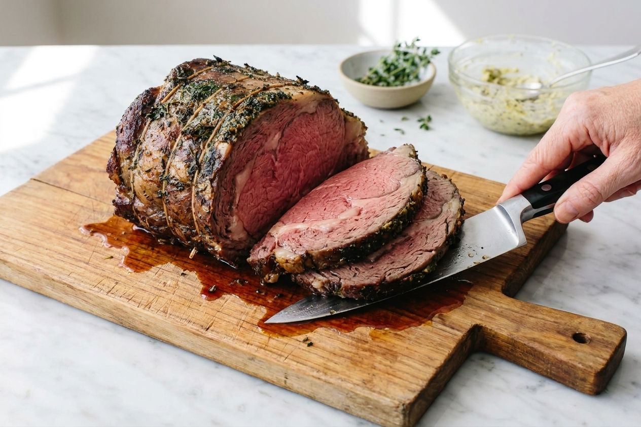 A ribeye roast resting on a wooden cutting board, partially sliced to show a rosy medium-rare center with juices pooling near the knife