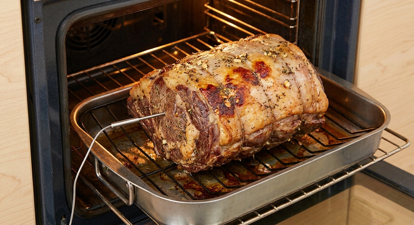 A ribeye roast roasting with a probe thermometer inserted into the thickest center portion as the crust begins to brown